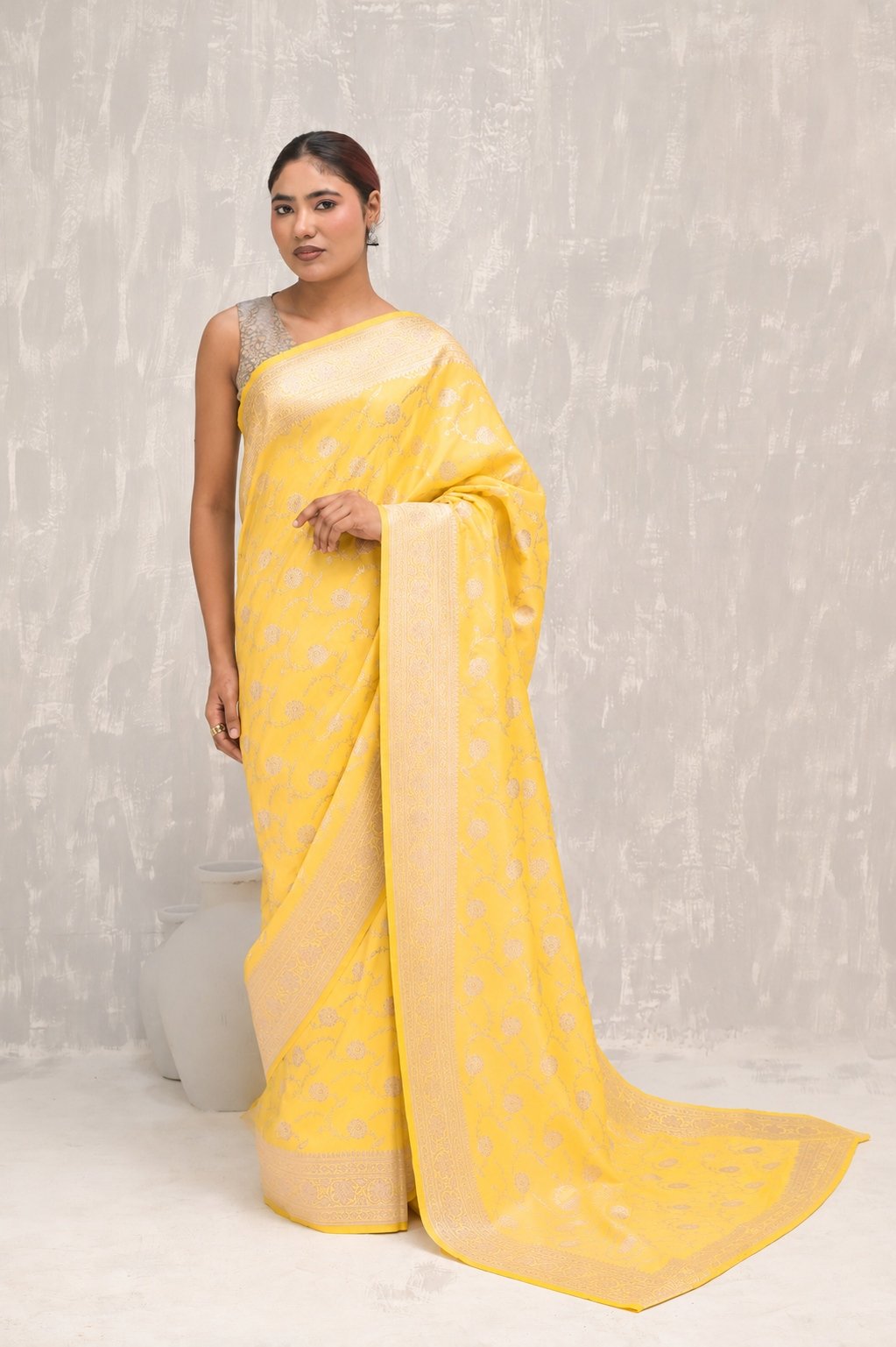 Yellow floral Jangla Silver Zari Handwoven Katan Silk Banarasi Saree